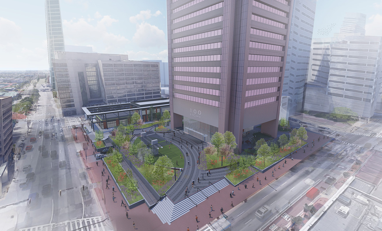 Aerial Rendered View of the Plaza from Pratt Street