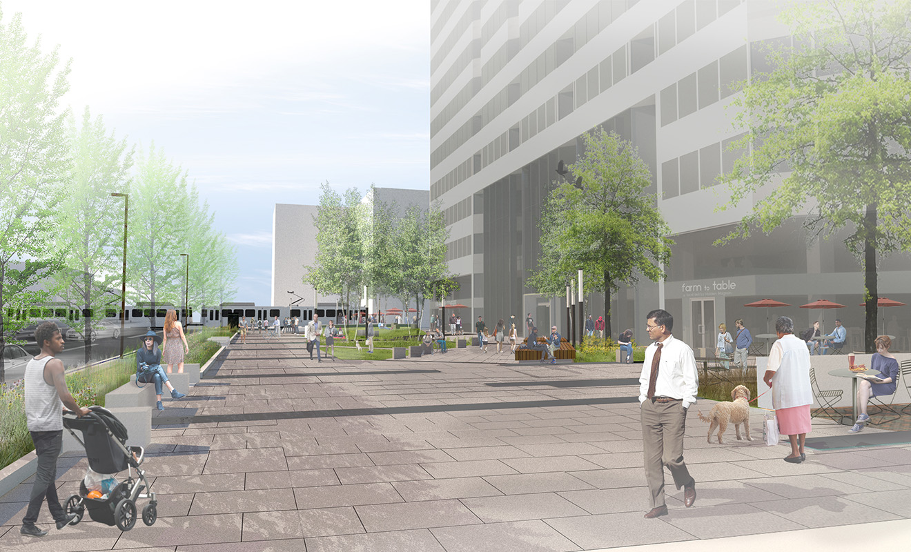 250 W Pratt Plaza Rendering with People walking, eating, and sitting