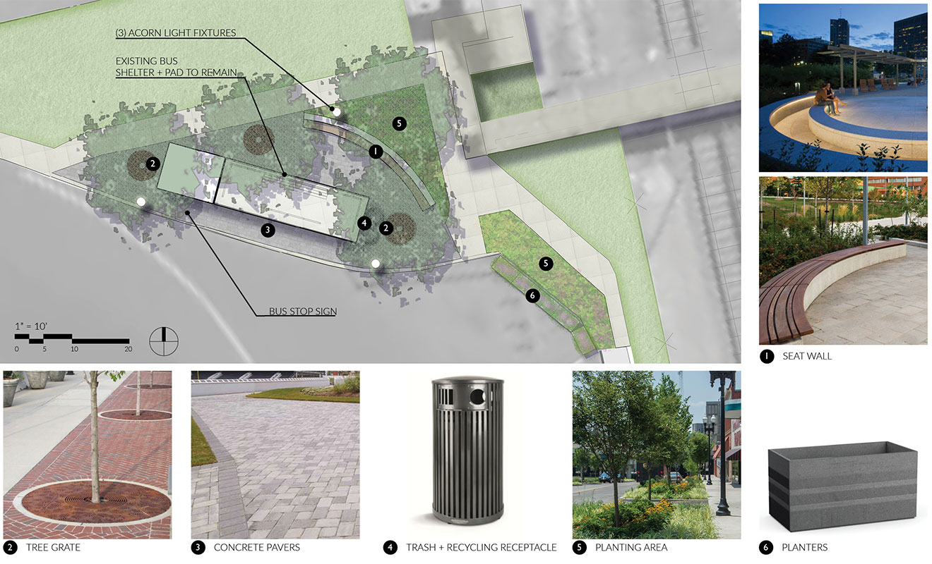 Plan View and Precedents of the Bus Amenities