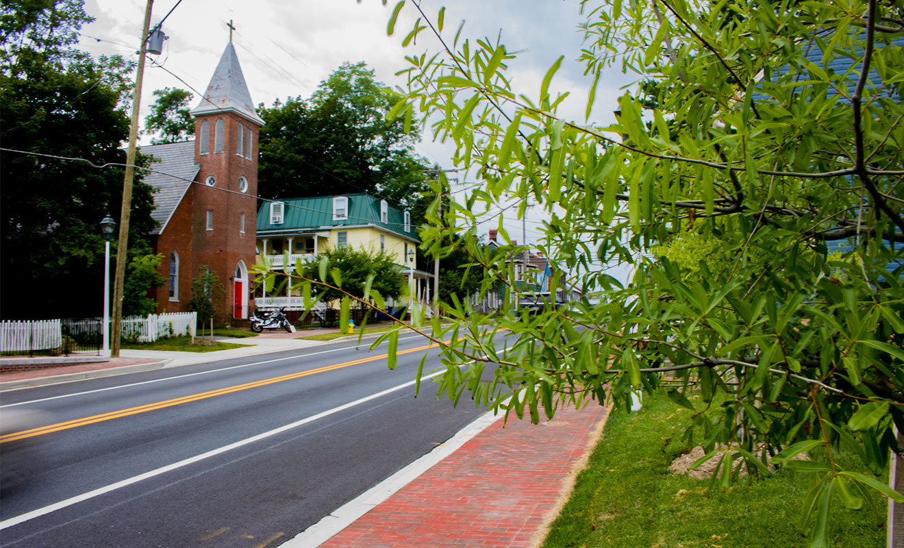 Historic Church with new plantings along streetscape