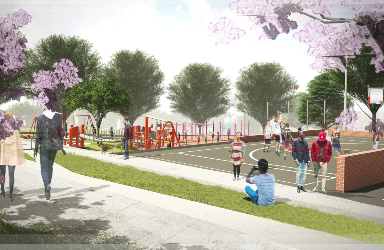 Playground and basketball court rendering at Westport Park